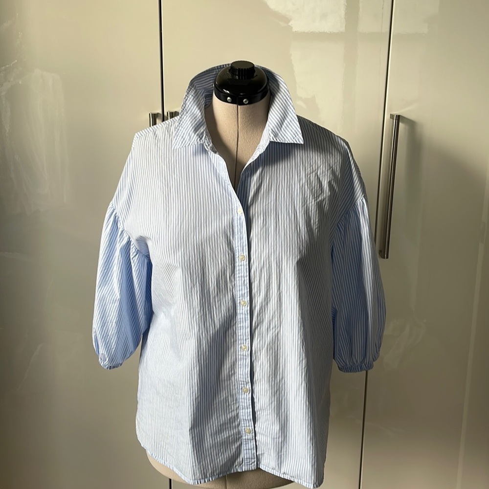 Charter Club Blouse 3/4 Sleeves in Light Blue & White Size-Large